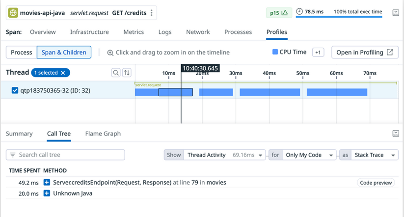 The Profiles UI found in the details panel for a trace.